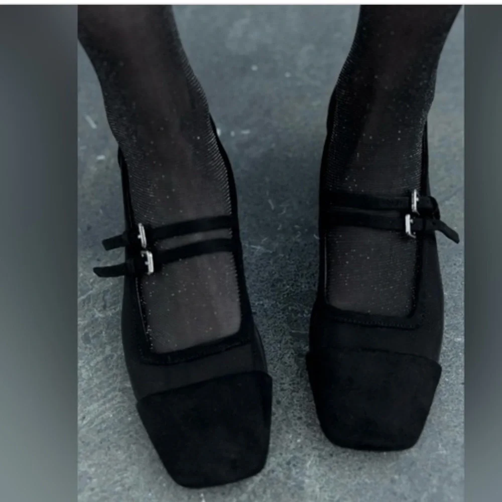 Zara Black Mesh Squared Toe Block Heeled Mary Jane’s Sz 37 (6.5)